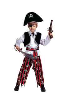 Карнавальный костюм Батик Пират рубашка/жилет/бриджи/пояс/шляпа/повязка/сабля, цвет: красный/черный