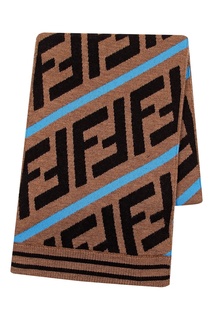 Коричневый шарф с логотипами и голубыми полосками Fendi Kids