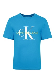 Голубая футболка с бело-желтой надписью Calvin Klein Kids