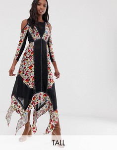 Платье с цветочным принтом, бархатными вставками, открытыми плечами и асимметричным подолом Frock And Frill Tall-Мульти