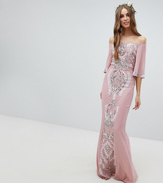 Платье макси с открытыми плечами, рукавами клеш и отделкой Maya Tall Bridesmaid-Розовый