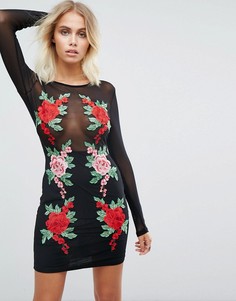 Сетчатое облегающее платье мини с цветочной аппликацией NaaNaa-Черный