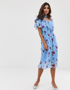 Голубое платье миди с цветочным принтом Y.A.S-Многоцветный