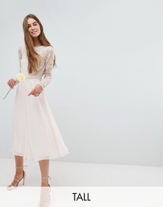 Платье миди с длинными рукавами и глубоким вырезом на спине Amelia Rose Tall-Розовый