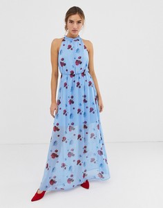 Синее платье макси с принтом маков Y.A.S-Мульти