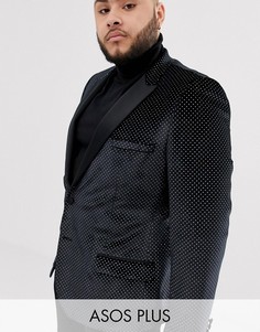 Черный облегающий бархатный пиджак в стиле смокинга в блестящий горошек ASOS DESIGN Plus