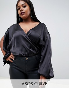 Атласное боди с запахом и длинными рукавами ASOS DESIGN Curve-Черный