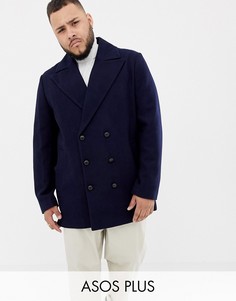 Темно-синее двубортное пальто с добавлением шерсти ASOS DESIGN Plus-Темно-синий