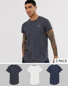 Комплект из 3 футболок с закругленным краем и логотипом (белая/темно-синяя/серая) Hollister-Мульти