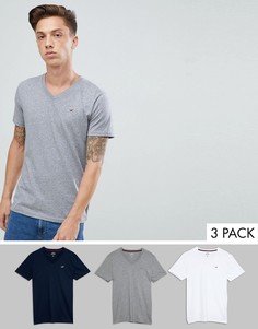 Комплект из 3 облегающих футболок с V-образным вырезом и логотипом (белая/серая/темно-синяя) Hollister-Мульти