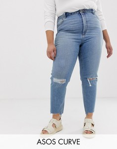 Выбеленные облегающие джинсы в винтажном стиле с завышенной талией и рваной отделкой ASOS DESIGN Curve - Farleigh-Синий