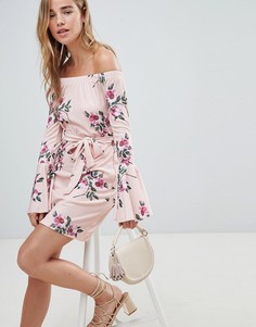 Платье с открытыми плечами, поясом и цветочным принтом Lasula-Розовый