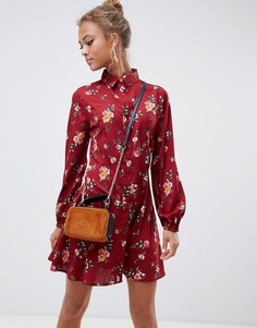 Короткое приталенное платье-рубашка с цветочным принтом Influence-Красный