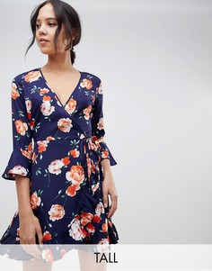 Платье с запахом, цветочным принтом и оборками Influence Tall-Черный