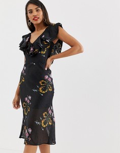 Платье миди с оборкой и цветочным принтом Talulah Lullaby-Черный
