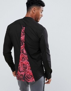 Черная рубашка с длинными рукавами и вставкой с принтом роз SikSilk-Черный