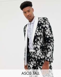 Приталенный жаккардовый пиджак-смокинг с монохромной цветочной отделкой ASOS EDITION Tall-Черный