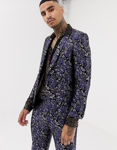 Супероблегающий жаккардовый пиджак с цветочным узором Twisted Tailor-Синий