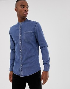 Эластичная приталенная джинсовая рубашка с воротником-стойкой ASOS DESIGN-Синий