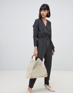 Комбинезон в тонкую полоску с запахом и поясом Moss Copenhagen-Темно-синий