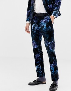 Бархатные брюки скинни с цветочным принтом Twisted Tailor-Темно-синий