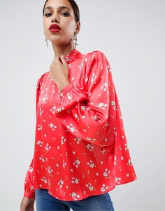 Атласная блузка с длинными рукавами, высоким воротом, открытой спиной и цветочным принтом ASOS DESIGN-Мульти