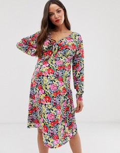 Платье с длинным рукавом, завязкой спереди и винтажным цветочным принтом Glamorous Bloom-Мульти