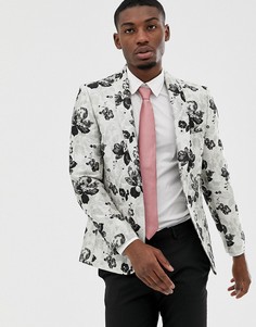 Серый зауженный пиджак с цветочным жаккардовым узором Moss London
