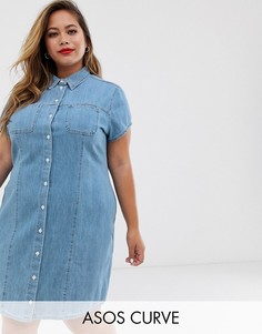 Мягкое джинсовое платье-рубашка с короткими рукавами ASOS DESIGN Curve-Синий