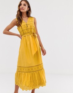 Желтое платье миди с вышивкой ришелье и завязкой Esprit-Желтый
