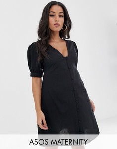 Короткое приталенное платье на пуговицах с пышными рукавами ASOS DESIGN Maternity-Черный