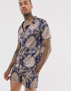 Атласная рубашка с принтом пейсли и воротником в виде лацканов Urban Threads-Темно-синий
