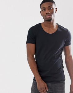 Черная футболка с овальным вырезом и краем с отворотом Selected Homme-Черный