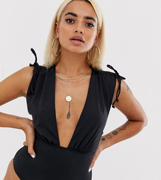 Черный слитный купальник с глубоким вырезом и сборками на плечах ASOS DESIGN Petite Recycled