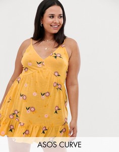 Свободный меланжевый сарафан на бретельках с вышивкой ASOS DESIGN Curve-Желтый