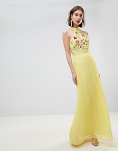 Плиссированное платье макси с вышивкой на лифе Frock And Frill-Желтый