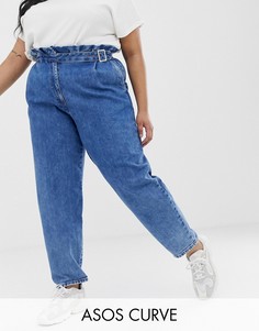 Синие винтажные джинсы бойфренда с высокой присборенной талией и поясом с пряжкой ASOS DESIGN Curve-Синий