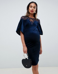 Темно-синее бархатное облегающее платье миди с кружевной вставкой TFNC Maternity-Темно-синий