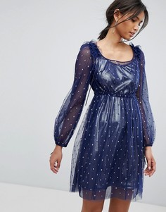 Серебристое блестящее платье с оборкой Tresophie-Синий