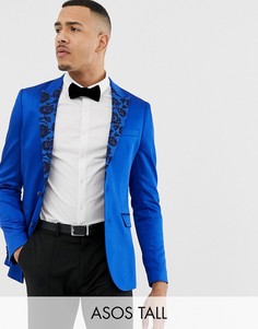 Атласный пиджак скинни с жаккардовыми лацканами ASOS DESIGN Tall-Синий