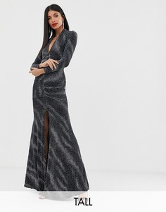 Полупрозрачное платье макси металлик с глубоким вырезом и разрезом City Goddess Tall-Черный