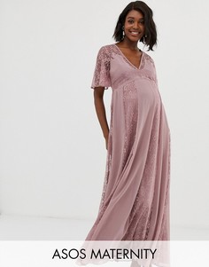 Платье макси с рукавами клеш и кружевными вставками ASOS DESIGN Maternity-Розовый