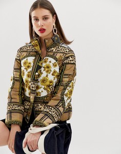 Дутая куртка с цветочным принтом River Island-Коричневый