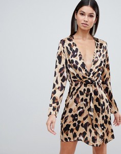 Платье с длинными рукавами, перекрученным дизайном и леопардовым принтом Club L-Многоцветный