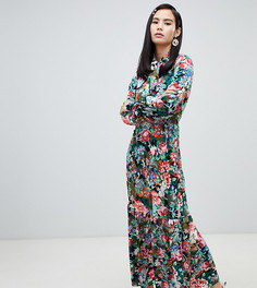 Синее платье макси с высоким воротом и цветочным принтом Monki-Мульти