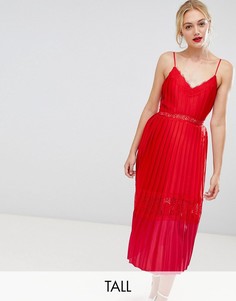 Платье миди с кружевной отделкой и плиссировкой Little Mistress Tall-Красный