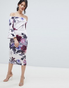 Платье миди с цветочным принтом, широким вырезом и оборками True Violet-Мульти