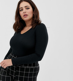 Черное боди в рубчик с запахом New Look Curve-Черный