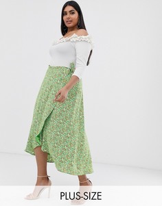 Юбка миди с запахом и цветочным принтом Fashion Union Plus-Зеленый