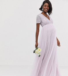 Сиреневое платье макси из тюля с V-образным вырезом и пайетками Maya Maternity Bridesmaid-Фиолетовый